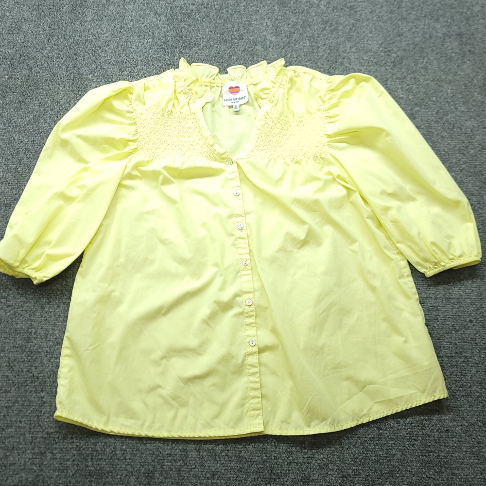Hester & Orchard Yellow Smocked Ruffle V-Neck Puff Sleeve Blouse Medium